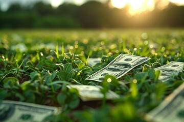 A substantial amount of money scattered across a vibrant green field, blending in with the lush grass and natural landscape of the rural area - obrazy, fototapety, plakaty