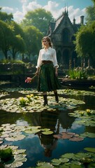 Serene Reflections: Woman by the Waterlily Pond

