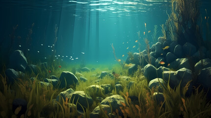 Fototapeta na wymiar Underwater landscape with green seagrass at the bottom of the sea