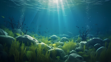 Fototapeta premium Underwater landscape with green seagrass at the bottom of the sea