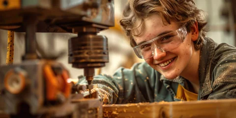 Foto auf Acrylglas A smiling male trainee wearing safety glasses is drilling into wood © piai