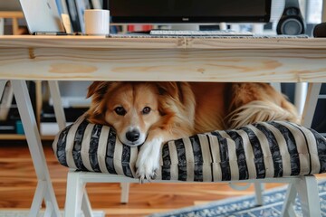 A pet dog peacefully sleeps on a cozy striped cushion placed under a wooden desk