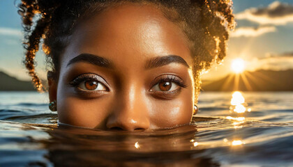jeune femme afro se baignant - obrazy, fototapety, plakaty