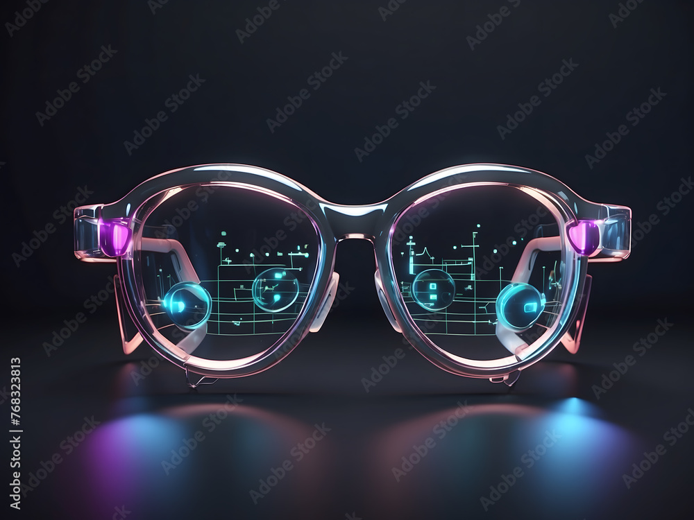 Poster glasses with a virtual medical interface on a dark background. this is a 3d rendering.