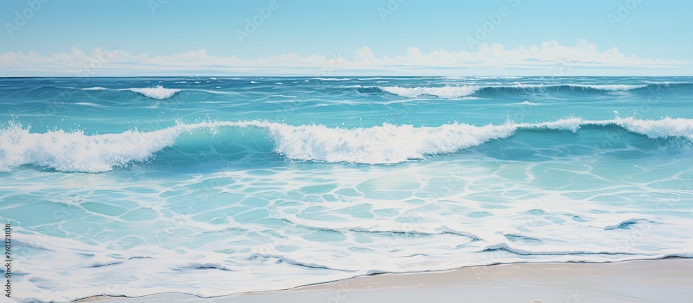 Poster a hazy image capturing the movement of water as waves crash on the beach, with a cloudy sky and hori
