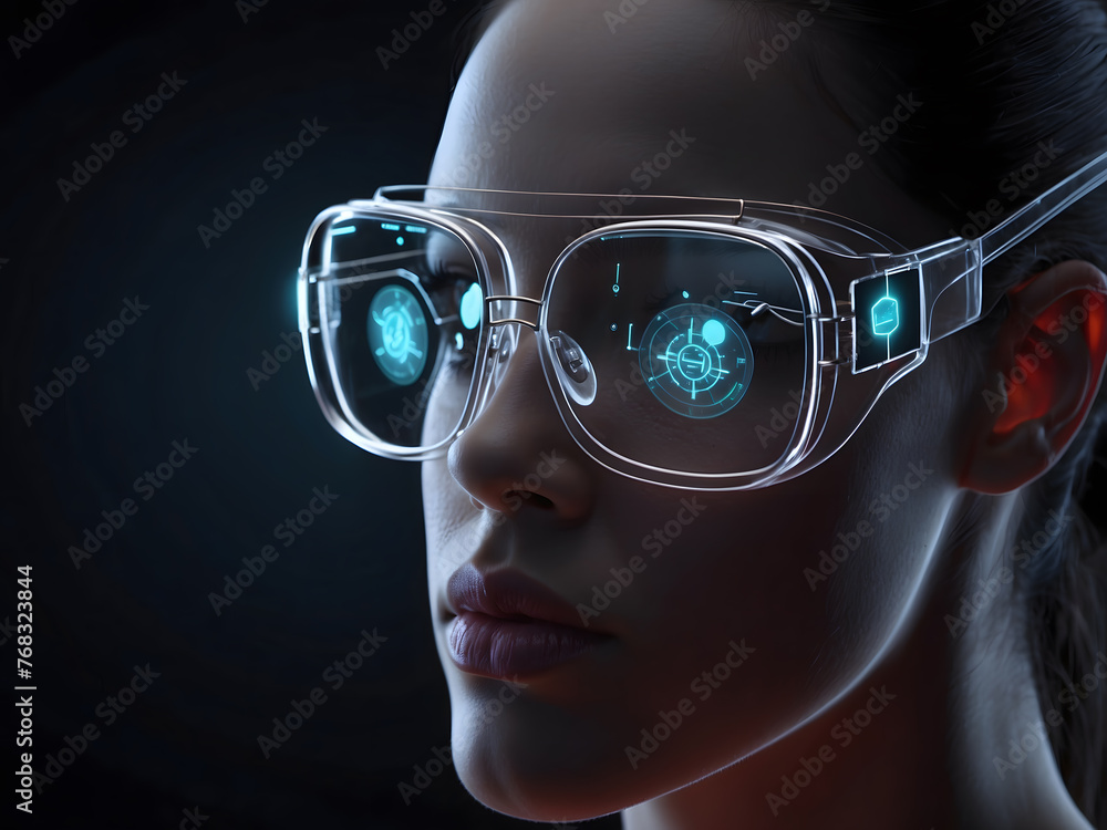 Poster glasses with a virtual medical interface on a dark background. this is a 3d rendering.