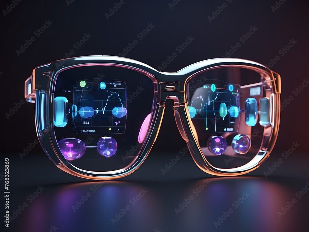 Poster glasses with a virtual medical interface on a dark background. this is a 3d rendering.