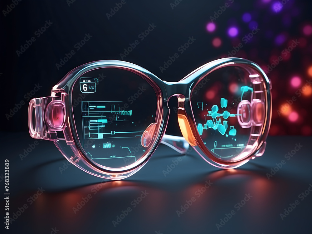 Poster glasses with a virtual medical interface on a dark background. this is a 3d rendering.