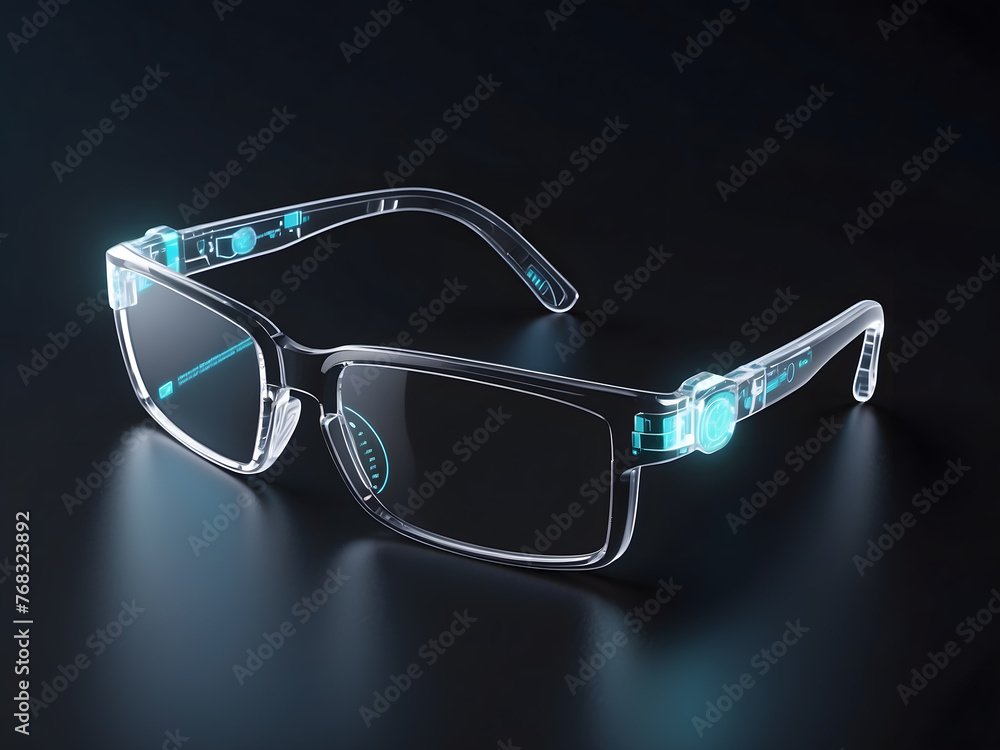 Poster glasses with a virtual medical interface on a dark background. this is a 3d rendering.