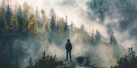 Man admiring beautiful foggy landscape in autumn mountains. Adventurous young man with backpack. Hiking and trekking on a nature trail. Traveling by foot. - obrazy, fototapety, plakaty