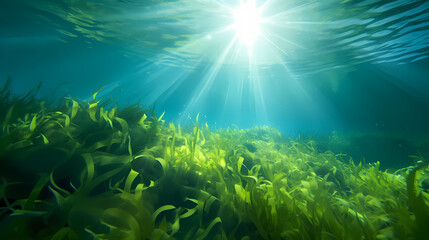 Obraz premium Underwater landscape with green seagrass at the bottom of the sea