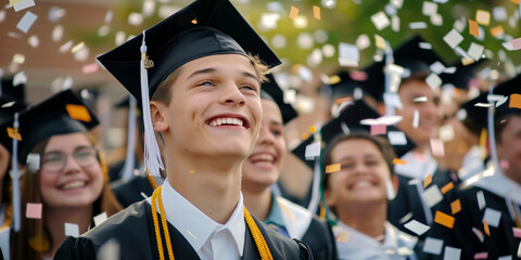 Cheerful college graduates wearing graduate caps celebrating under the rain of colorful confetti. Beautiful young people at a college party. Education for young people.
