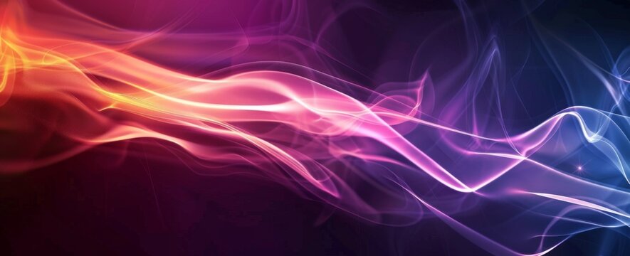 Fluid abstract waves in a harmonious blend of orange and purple, radiating warmth and vibrant energy against a dark backdrop.