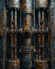 Hydraulic Press, steel pistons, industrial machinery tool, showing intricate network of pipes and valves, working under intense pressure, 3D render, Rembrandt lighting, HDR effect