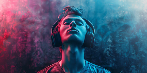Vibrant person with headphones and flowing neon abstract lines portraying a music or audio theme....