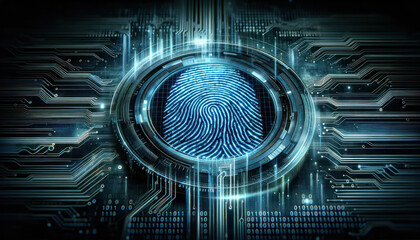 futuristic concept of a digital fingerprint over a background of binary code, the binary code