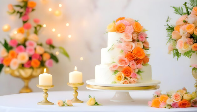 A multi-tiered wedding cake with white frosting and delicate flowers on top on a marble table