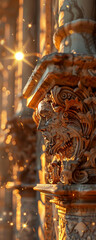 Stone Mason, Chisel, Old master craftsman, painstakingly carving ornate details into ancient cathedral walls, bathed in soft candlelight, creating a 3D render, illuminated by golden hour lighting, wit - obrazy, fototapety, plakaty