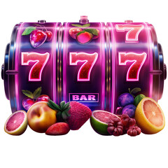 Casino neon Slot machine. Glowing sevens. Jackpot. Lucky seven 777. Bright and glowing neon purple and blue lights. Ai generated. Colorful PNG illustration.