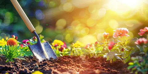 Shovel in soil in a garden. Preparing the soil for gardening by digging holes and using compost. Creating flowerbeds for landscaping, transplanting flowers from a pot into the ground.