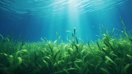 Naklejka na ściany i meble Underwater landscape with green seagrass at the bottom of the sea