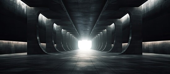 Inside a tunnel, there is a faint glow visible at the distant end of the passageway, creating a mysterious and dimly lit atmosphere - obrazy, fototapety, plakaty