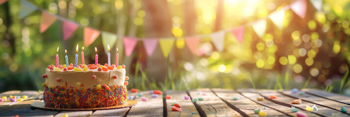 Birthday cake on a wooden table in sunny garden. Summer birthday party on backyard with garland and cake.