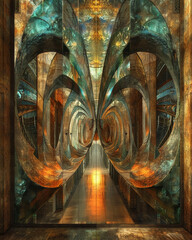 Emotion Emanating Mirror, iridescent shimmer, fractal designs, emotive reflections, revealing innermost thoughts and sentiments visually 3D Render, Golden Hour, HDR - obrazy, fototapety, plakaty