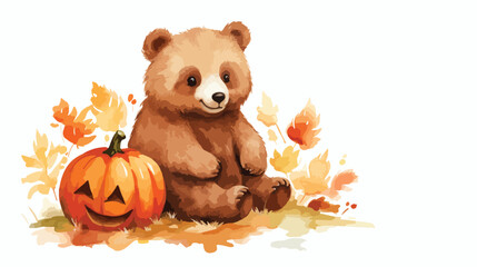 Autumn Watercolor Bear Pumpkin flat vector