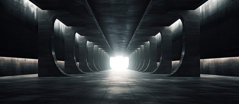 Inside a tunnel, there is a faint glow visible at the distant end of the passageway, creating a mysterious and dimly lit atmosphere