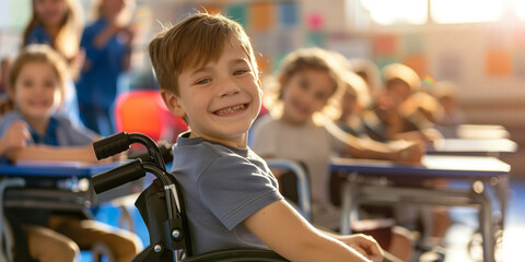 Cheerful preteen boy sitting in a wheelchair in a classroom in school. Disabled child learning new skills with his typical peers. Education for special needs children. - obrazy, fototapety, plakaty