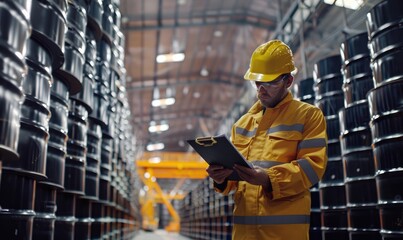Warehouse. An industrial worker is checking rows of large oil drums