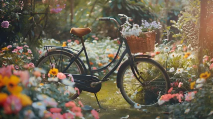 Foto op Canvas White lady's bicycle with a beautiful flower basket on front. © Nim