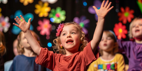 Kindergarten kids participating in spring themed school play. Cheerful children performing on theater stage in front of their parents. Creative leisure for elementary school students.