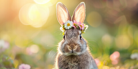 Cute little bunny rabbit wearing flower crown around it's ears having fun in blossoming lawn on sunny spring day.