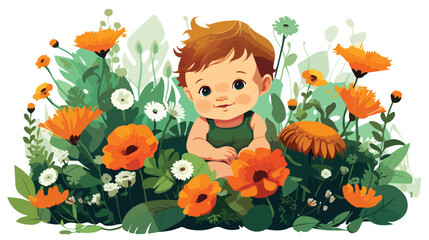 Baby in Flowers flat vector 