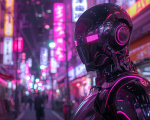 Fototapeta premium Robotic guardian, sleek metallic surface, powered by ancient magic, patrolling a neon-lit cyberpunk city, blending tradition with futuristic technology (3D render, silhouette lighting, chromatic aberr