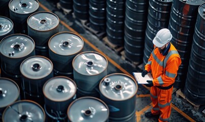 Warehouse. An industrial worker is checking rows of large oil drums