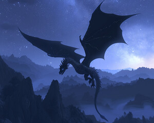 Majestic Dragon, scales glistening, soaring through a moonlit sky, mountains below, stars twinkling; 3D render; Backlights, Silhouette lighting, Vignette effect