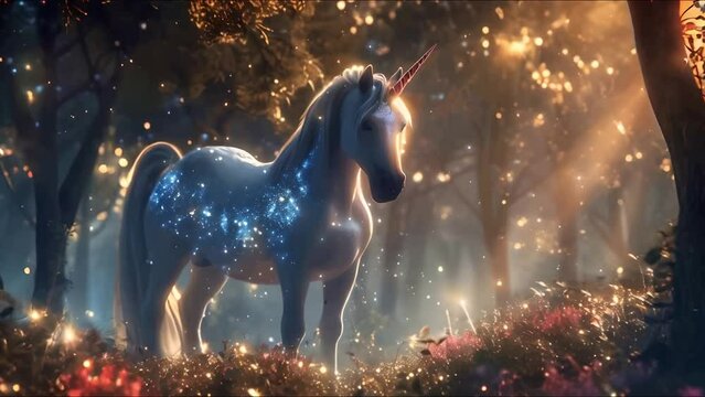A beautiful unicorn in the magical forest, glowing light and sparkles everywhere, stars shining through trees, magical fantasy scene