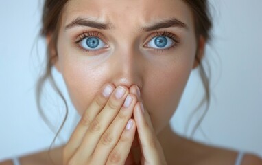 Young woman covering her mouth with both hands isolated over plain background - obrazy, fototapety, plakaty