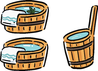 温泉　湯桶と手桶の手描き風イラストセット © Tsubasa