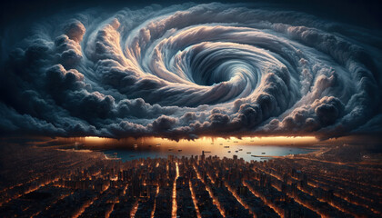 surreal whirlpool looms over a densely populated coastal city during twilight. The voluminous swirling clouds of the whirlpool