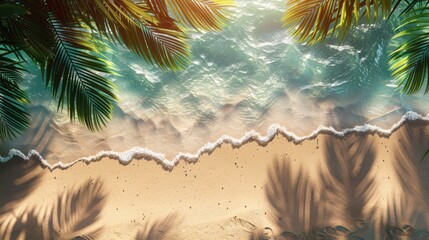 Fototapeta na wymiar Tropical Summer Beach Banner with Sunny Sand and Palm Leaves