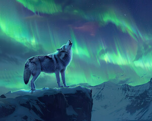 A wolf with neon indigo claws, howling on a rocky cliff under the northern lights