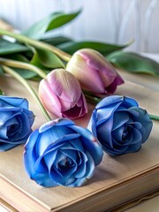 Close-Up of Blue Roses and Tulips on Book - Floral Arrangement Photography