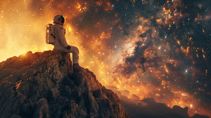 Space Explorer, Spacesuit, Time dilation impact on personal journey through the cosmos, gazing at distant stars, Realistic, Golden Hour, Vignette