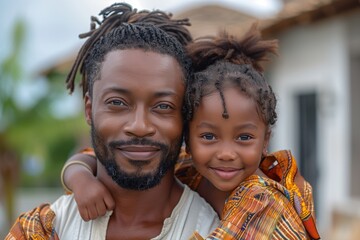 A man with a beard is smiling holding a little girl with tartan in his arms, both sharing a happy facial expression. They are traveling together, having fun and adapting to new experiences