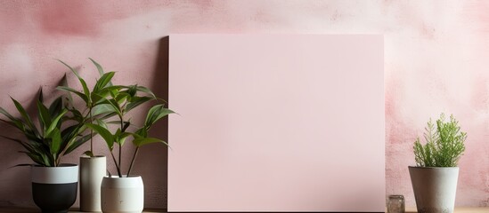 A vibrant pink wall adorned with three lush potted plants and a clean blank canvas for art or decor