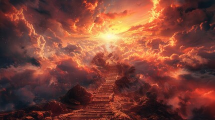 Religious Choice: Stairs for Heaven and Hell - 3D Rendering - obrazy, fototapety, plakaty
